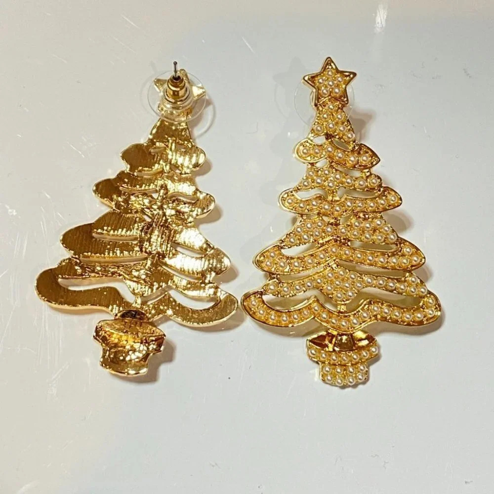 Christmas Tree Statement Earrings in Gold Tone with Faux Pearls - Pierced